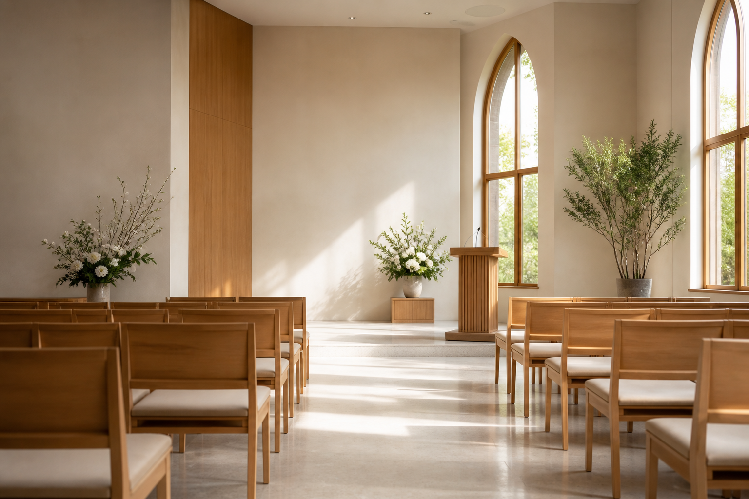 Photographic concept of a calm contemporary memorial chapel