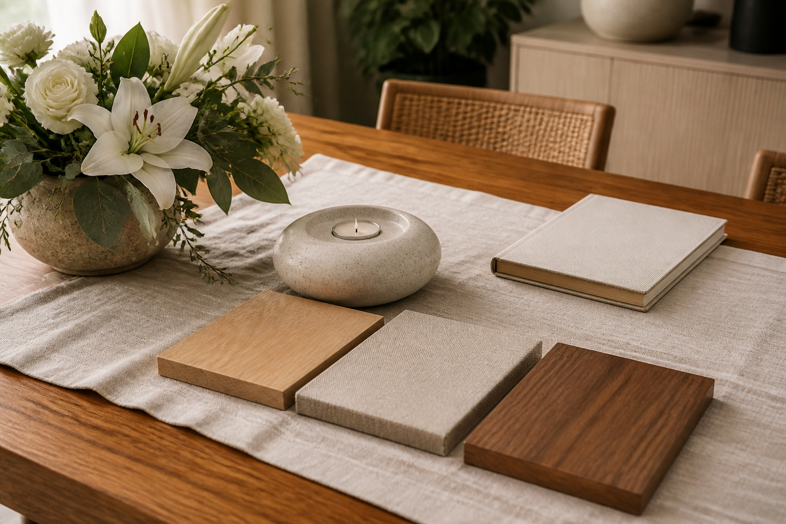 Photographic concept of an unbranded memorial planning table with material choices
