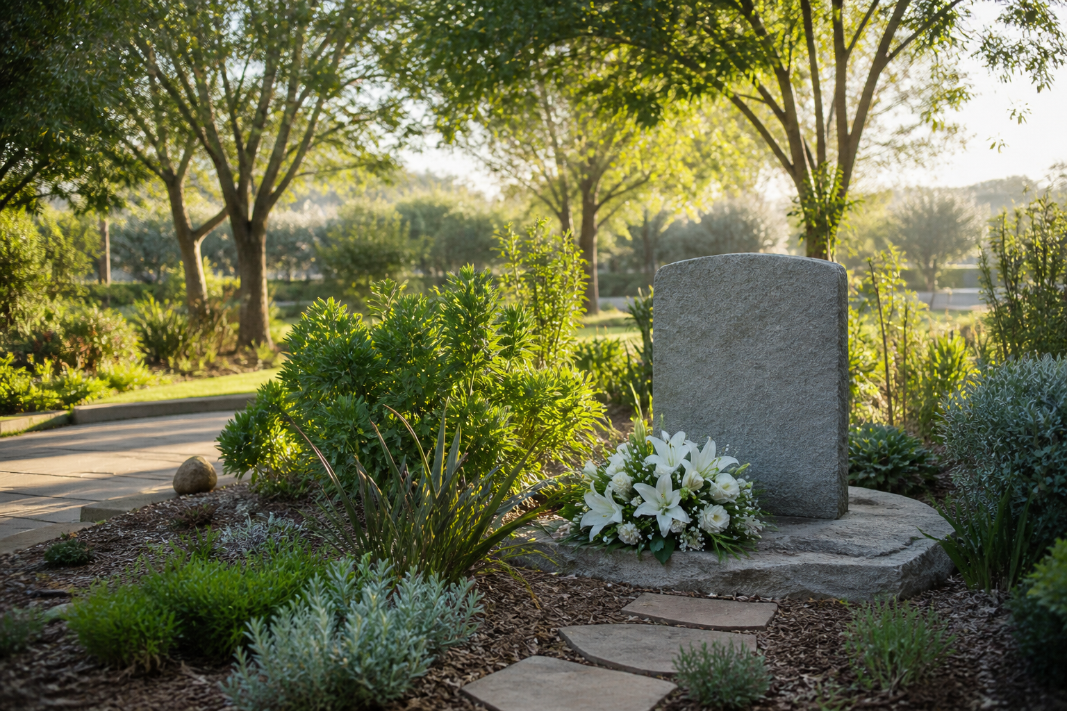 Photographic concept of an uninscribed garden memorial with flowers