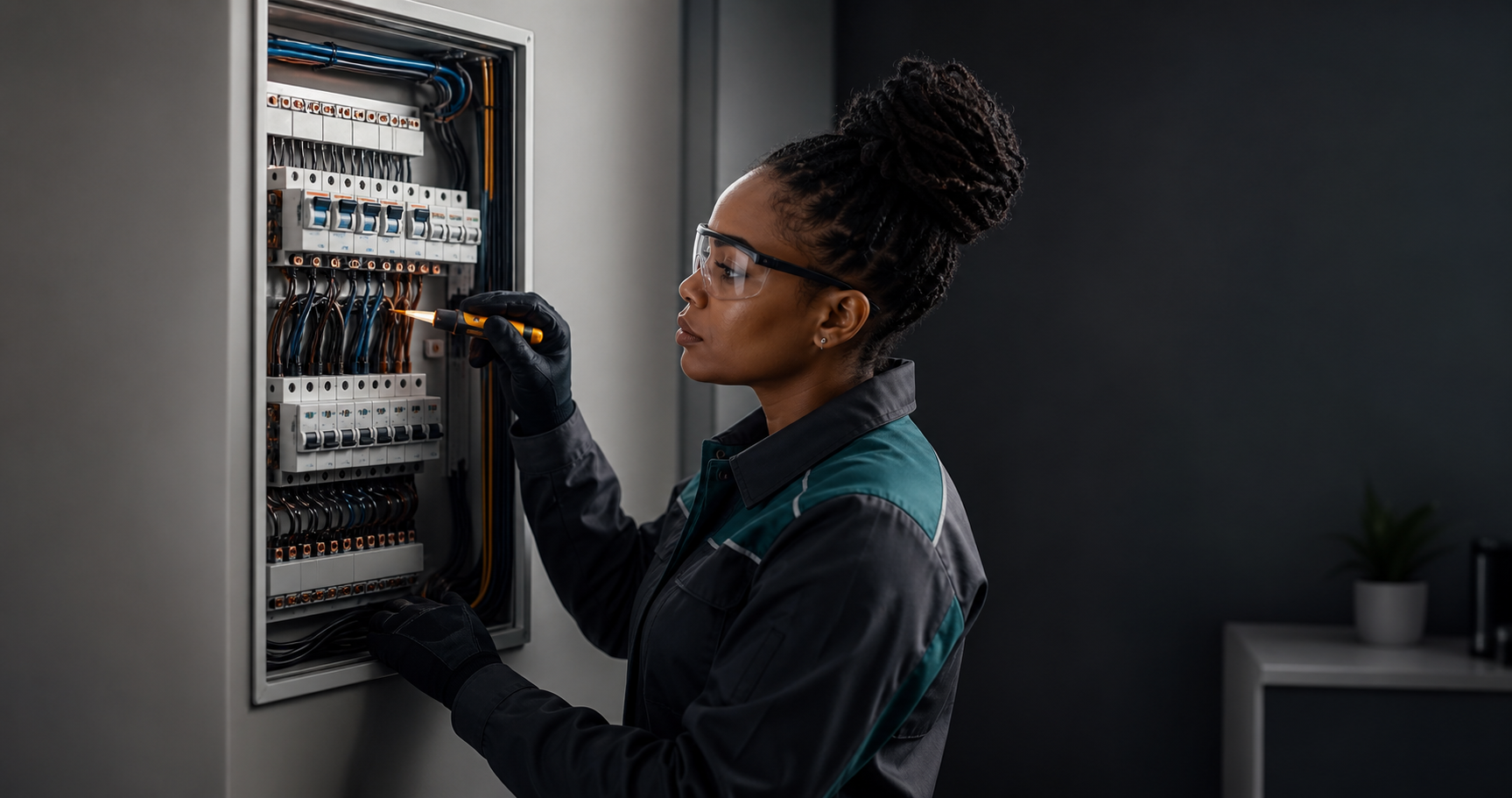 Concept image of an electrician inspecting a residential distribution board