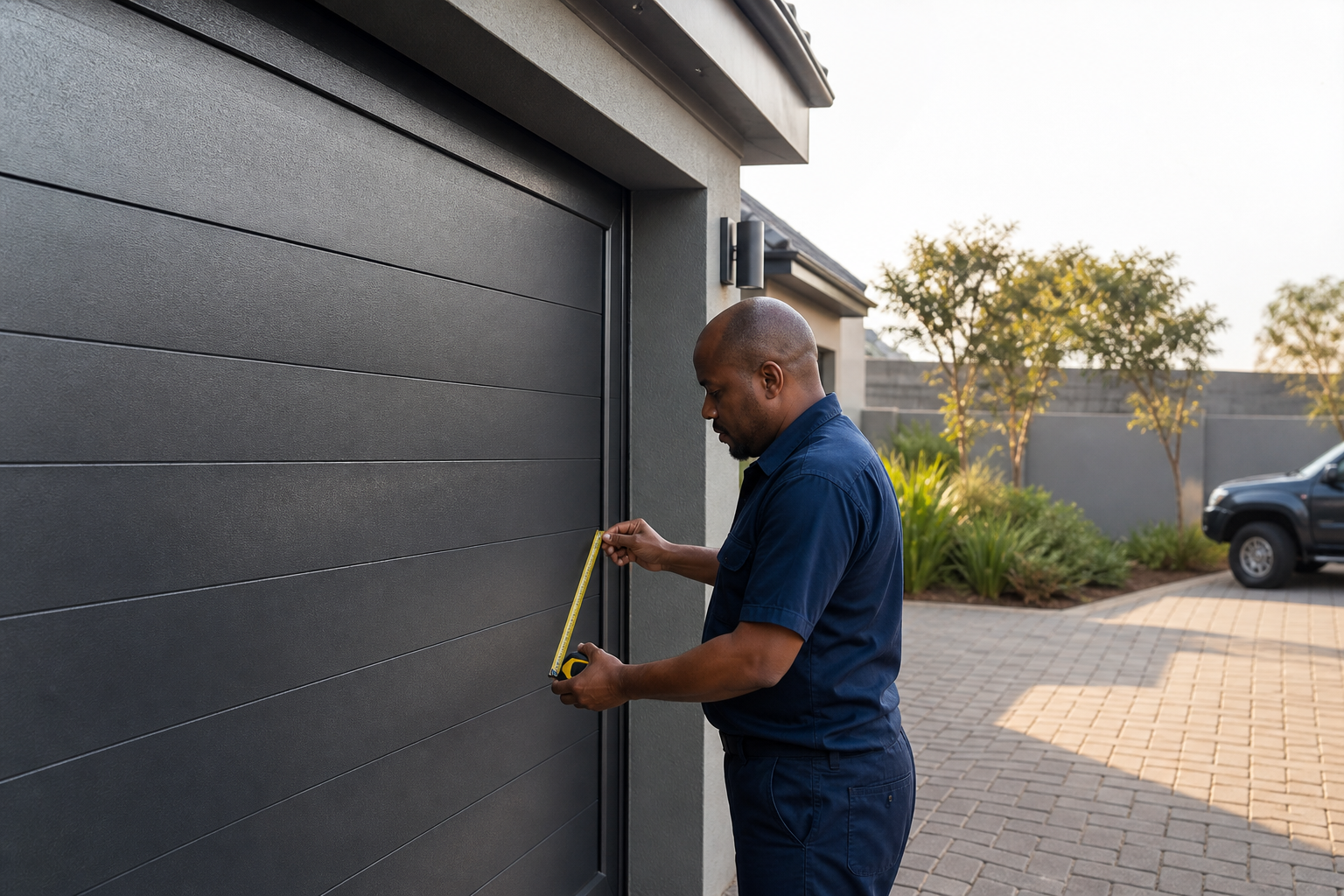 Photographic concept of a technician assessing a residential sectional garage door