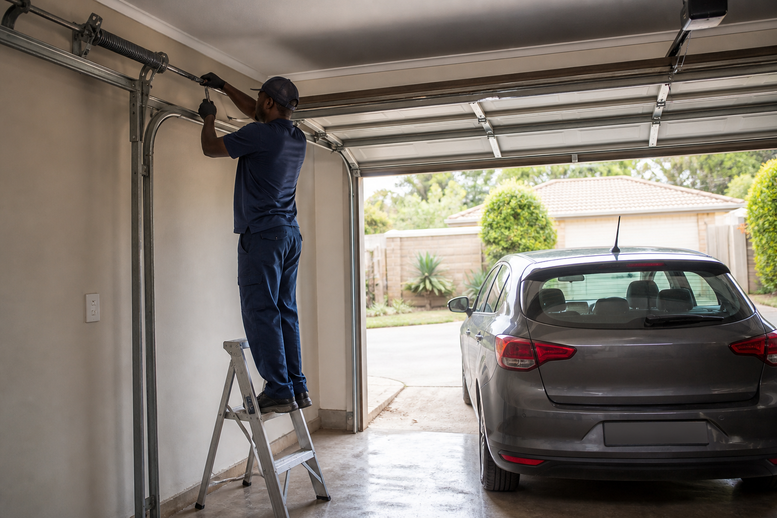 Photographic concept of residential garage-door maintenance