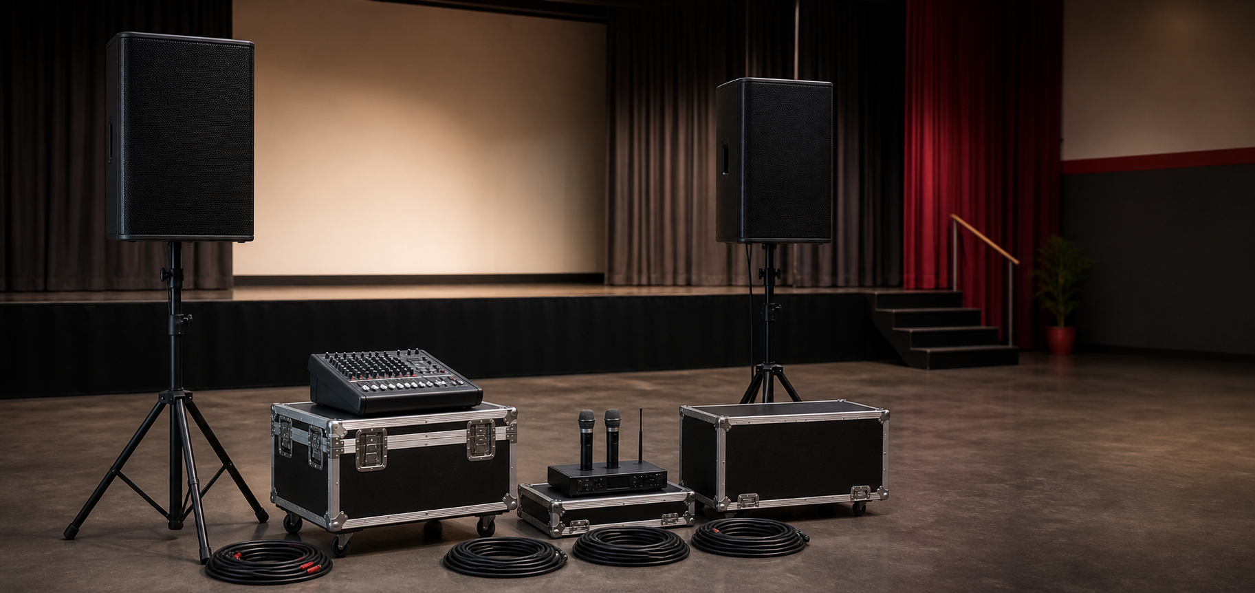 Concept image of event sound equipment prepared for setup — not client equipment