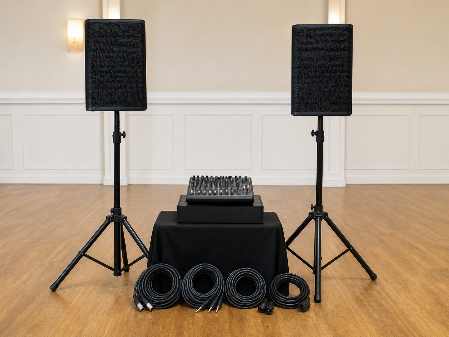 Concept image illustrating a compact PA hire setup â€” not client equipment